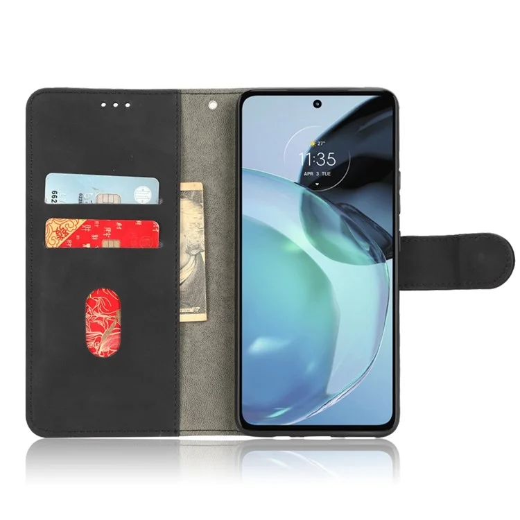 For Motorola Moto G72 4G Shockproof Skin-touch Feeling Phone Cover PU Leather Wallet Case with Stand Feature - Black