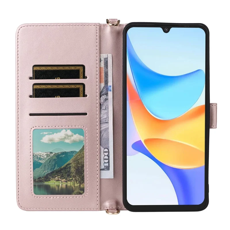 غطاء لهاتف Blackview Shark 6 / Oscal Tiger 8 مع حامل ومحفظة وحزام كتف/معصم من الجلد - وردي