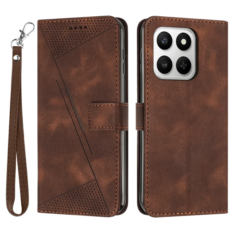 Leather Case For Honor 400 Smart 5G / 4G / X7d 4G / 5G Imprinted Triangle Phone Cover with Hand Strap - Brown