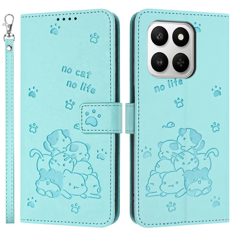 Custodia Portafoglio per Honor 400 Smart 5G / 4G / X7d 4G / 5G Gatti Impronta in Pelle con Cinturino - Verde