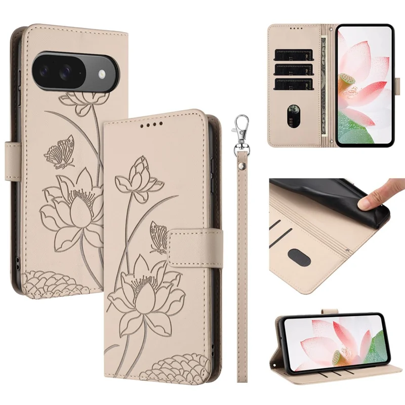 Leather Case For Google Pixel 10 Pro  /  10  /  9 Pro  /  9 Wallet Stand Lotus Imprint Phone Cover with Wrist Strap - Beige