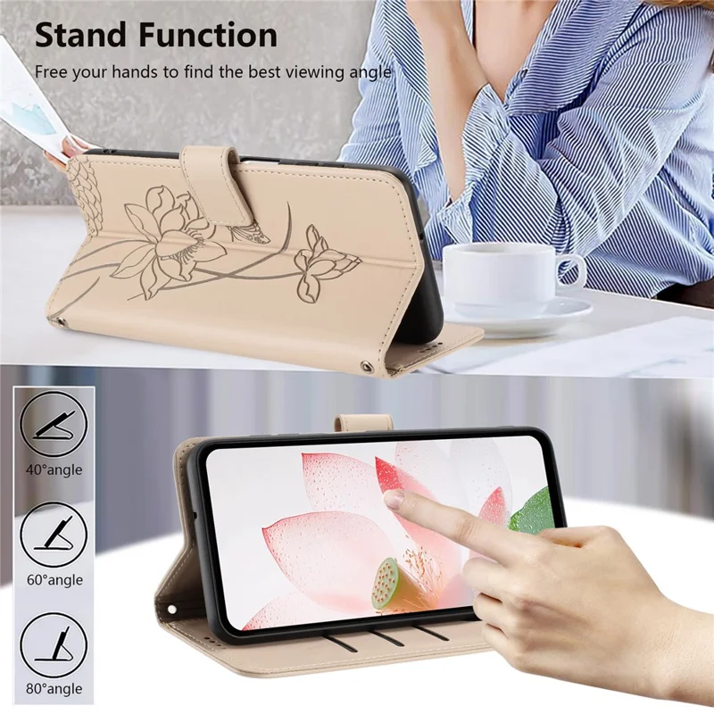 Leather Case For Google Pixel 10 Pro  /  10  /  9 Pro  /  9 Wallet Stand Lotus Imprint Phone Cover with Wrist Strap - Beige