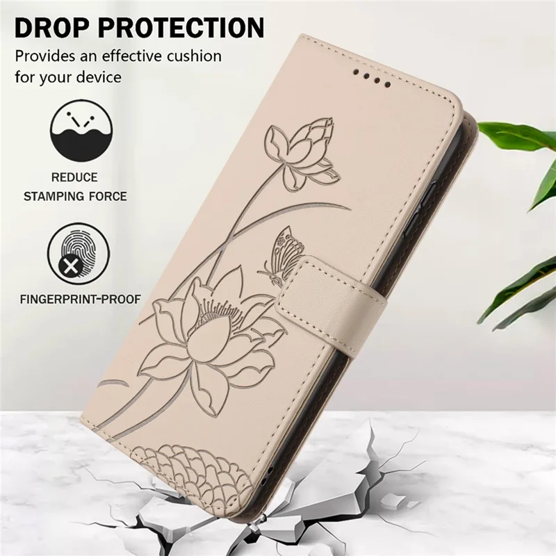 Leather Case For Google Pixel 10 Pro  /  10  /  9 Pro  /  9 Wallet Stand Lotus Imprint Phone Cover with Wrist Strap - Beige