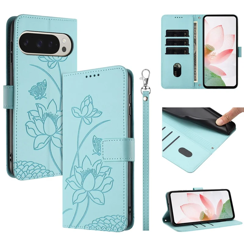For Google Pixel 10 Pro XL  /  9 Pro XL Case Wallet Stand Lotus Imprint Leather Phone Cover with Wrist Strap - Green