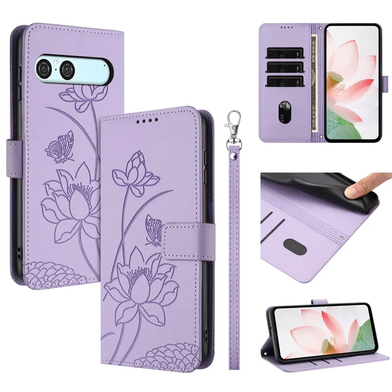 For Sony Xperia 10 VII Case Wallet Stand Lotus Imprint Leather Phone Cover with Wrist Strap - Purple