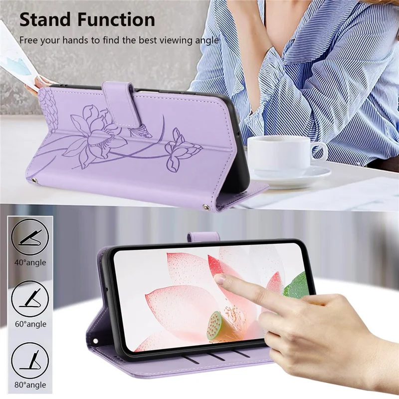 For Sony Xperia 10 VII Case Wallet Stand Lotus Imprint Leather Phone Cover with Wrist Strap - Purple