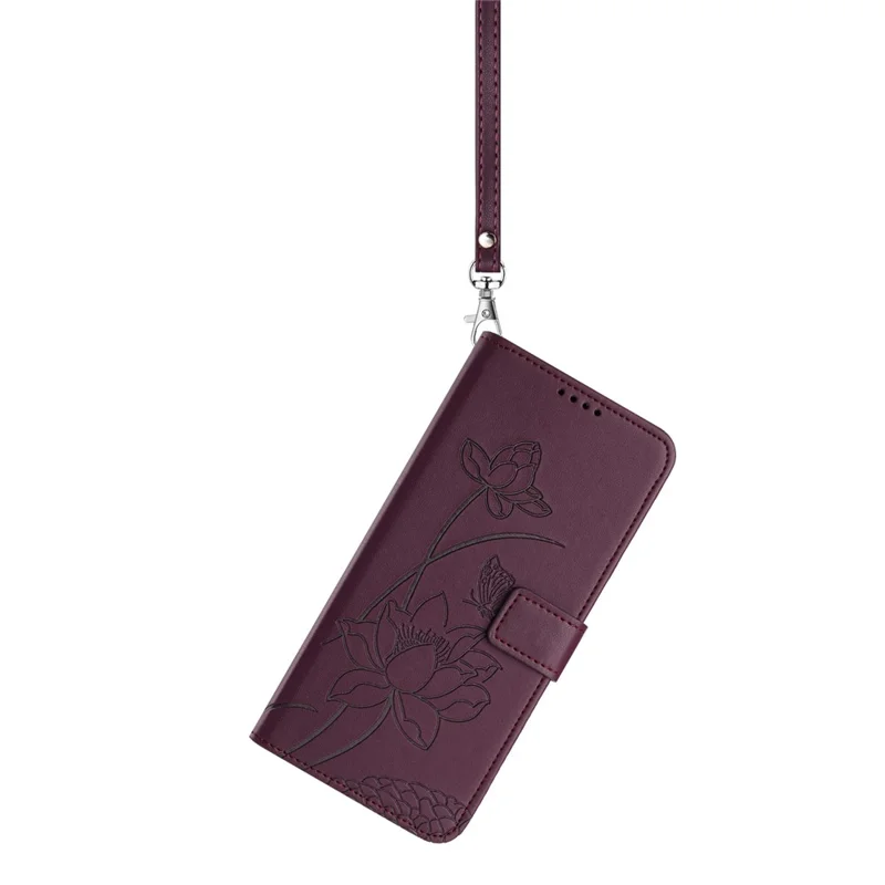 For Xiaomi 15T Case Wallet Stand Lotus Imprint Leather Phone Cover with Wrist Strap - Wine Red