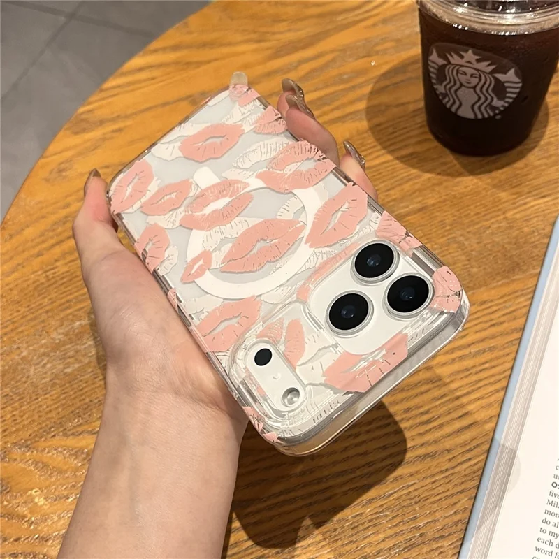 For iPhone 17 Pro Max Case Compatible with MagSafe IMD Lip Print Pattern TPU PC Phone Back Cover - Pink