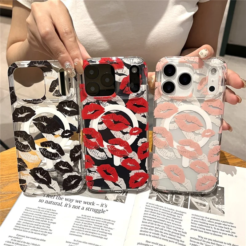 For iPhone 17 Pro Case Compatible with MagSafe IMD Lip Print Pattern TPU PC Phone Back Cover - Pink
