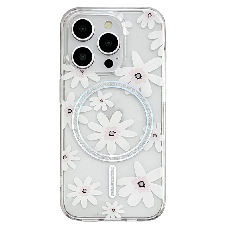 For iPhone 16 Pro Max Case Compatible with MagSafe Laser Floral IMD TPU PC Phone Back Cover - White Flowers