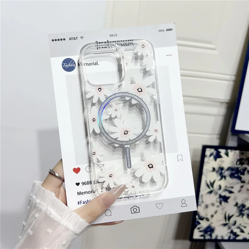 For iPhone 16 Pro Max Case Compatible with MagSafe Laser Floral IMD TPU PC Phone Back Cover - White Flowers