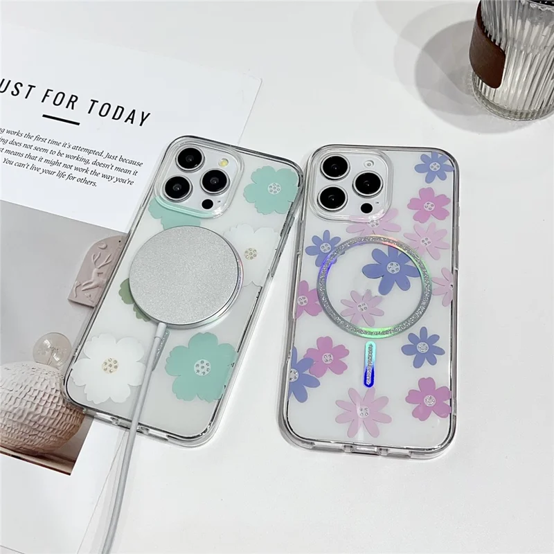 For iPhone 16 Pro Max Case Compatible with MagSafe Laser Floral IMD TPU PC Phone Back Cover - White Flowers