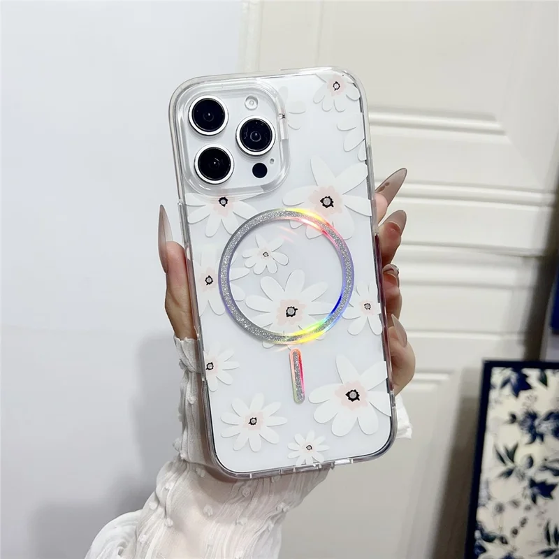 For iPhone 16 Pro Case Compatible with MagSafe Laser Floral IMD TPU PC Phone Back Cover - White Flowers
