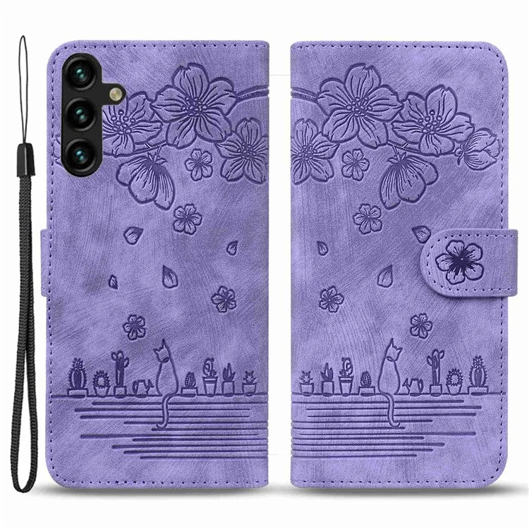 For Samsung Galaxy A14 5G / 4G PU Leather Wallet Flip Case Imprinted Cherry Blossom Cat Folding Stand Magnetic Cover with Strap - Purple