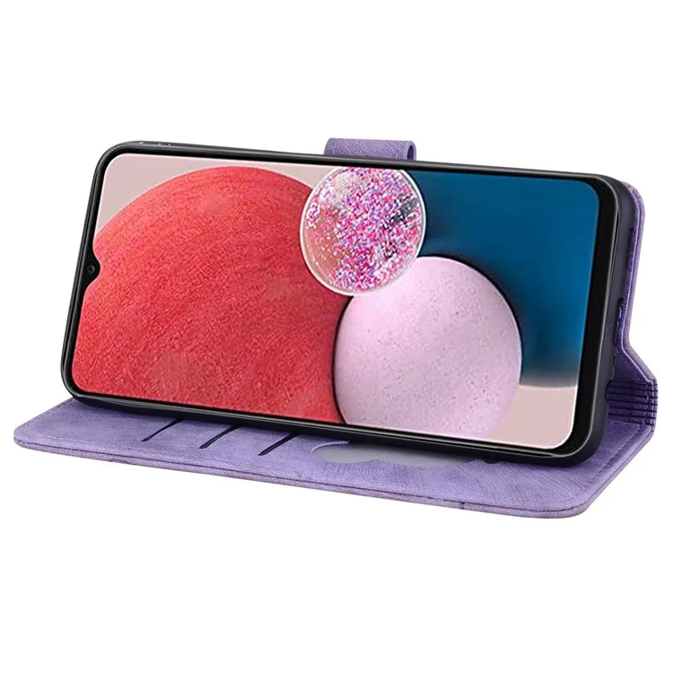 For Samsung Galaxy A14 5G / 4G PU Leather Wallet Flip Case Imprinted Cherry Blossom Cat Folding Stand Magnetic Cover with Strap - Purple