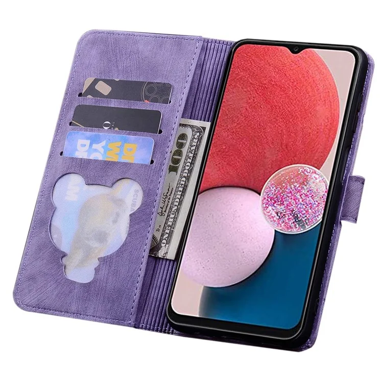 For Samsung Galaxy A14 5G / 4G PU Leather Wallet Flip Case Imprinted Cherry Blossom Cat Folding Stand Magnetic Cover with Strap - Purple