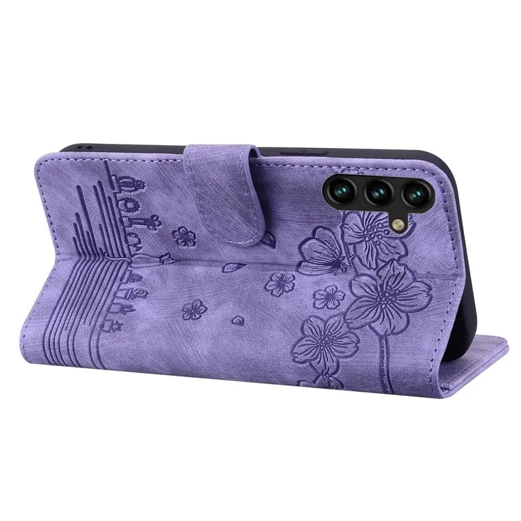 For Samsung Galaxy A14 5G / 4G PU Leather Wallet Flip Case Imprinted Cherry Blossom Cat Folding Stand Magnetic Cover with Strap - Purple
