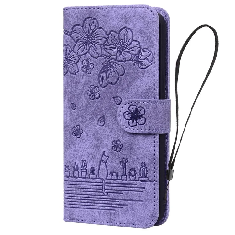 For Samsung Galaxy A14 5G / 4G PU Leather Wallet Flip Case Imprinted Cherry Blossom Cat Folding Stand Magnetic Cover with Strap - Purple