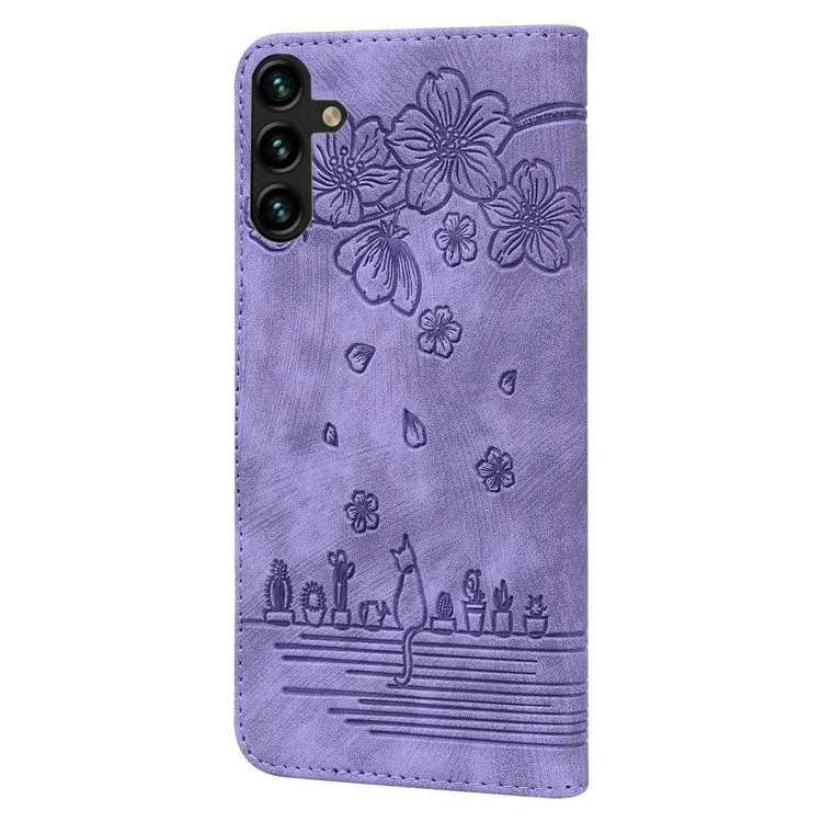 For Samsung Galaxy A14 5G / 4G PU Leather Wallet Flip Case Imprinted Cherry Blossom Cat Folding Stand Magnetic Cover with Strap - Purple