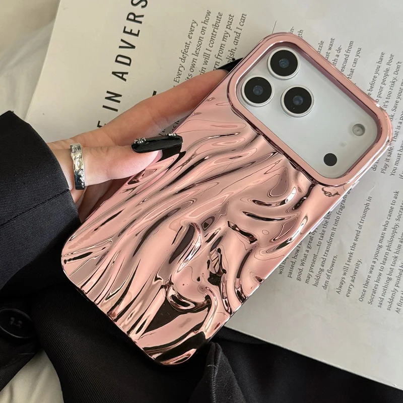 For iPhone 17 Pro Case Wrinkled Glossy Electroplated TPU Phone Back Cover - Pink