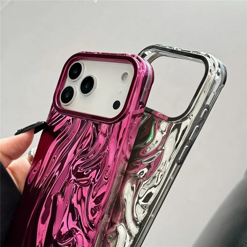 For iPhone 17 Pro Max Case Wrinkled Glossy Electroplated TPU Phone Back Cover - Pink