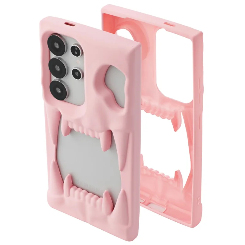 For Samsung Galaxy S24 Ultra Case Hollow Skull Tiger Tooth Design Rubberized TPU Phone Cover - Pink