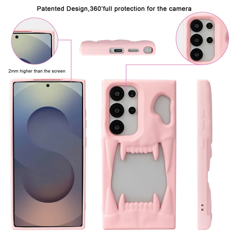 For Samsung Galaxy S24 Ultra Case Hollow Skull Tiger Tooth Design Rubberized TPU Phone Cover - Pink