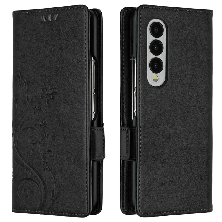 Per Samsung Galaxy Z Fold4 5G PU Phallet Cethet Chulet Imprinting Floro Flowlies Closura Magnetic Libro Cover Del Telefono Follio - Nero