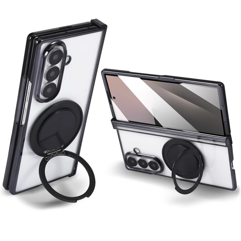For Samsung Galaxy Z Fold7 5G Magnetic Case CD Vein Rotating Kickstand Electroplated PC Phone Cover - Black