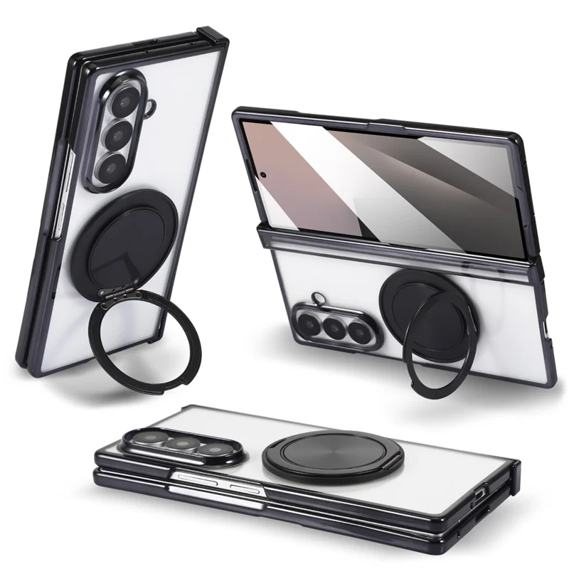 For Samsung Galaxy Z Fold7 5G Magnetic Case CD Vein Rotating Kickstand Electroplated PC Phone Cover - Black