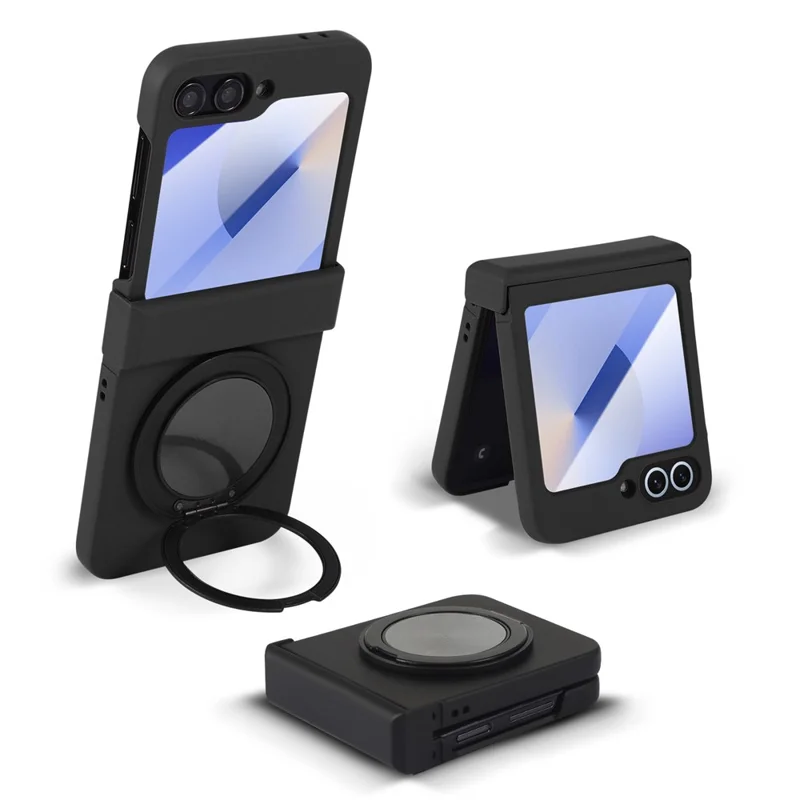 For Samsung Galaxy Z Flip7 5G Magnetic Case CD Vein Rotating Kickstand Electroplated PC Phone Cover - Black