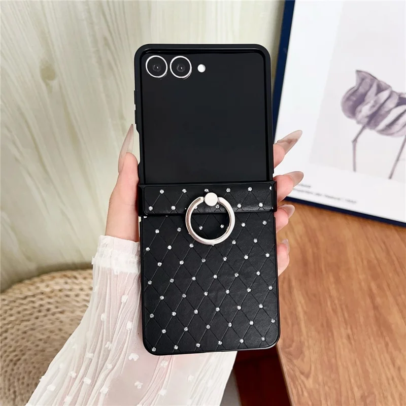 For Samsung Galaxy Z Flip7 5G Case Rhinestones Rhombus Pattern PU + TPU Phone Cover with Ring Holder - Black