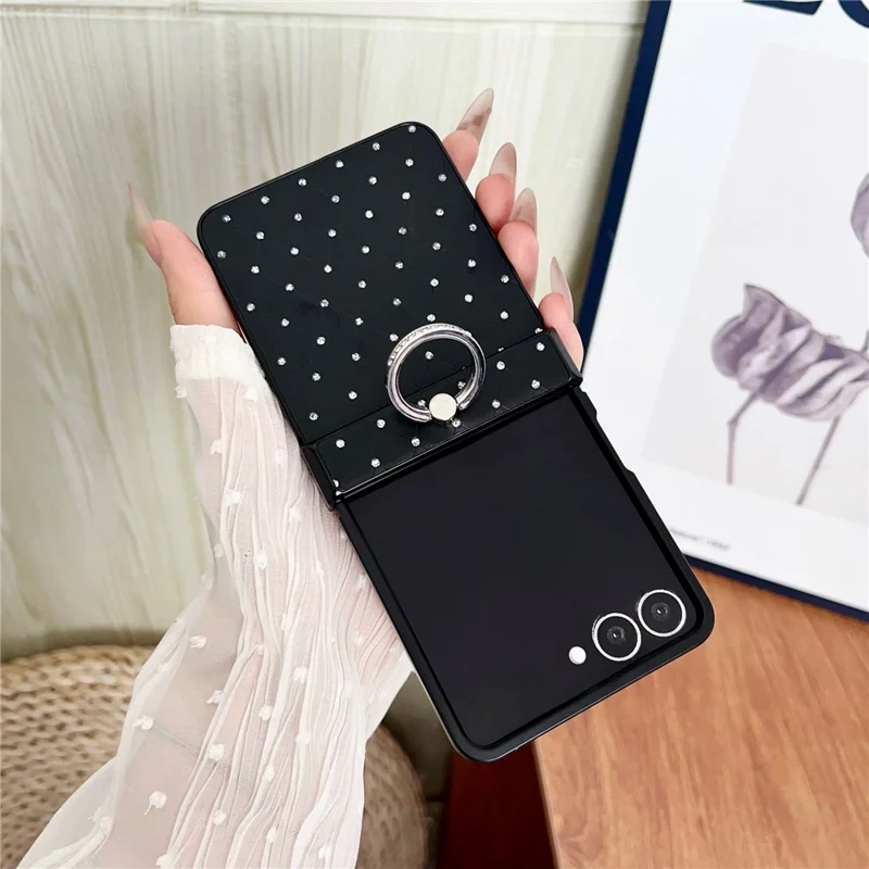 For Samsung Galaxy Z Flip7 5G Case Rhinestones Rhombus Pattern PU + TPU Phone Cover with Ring Holder - Black