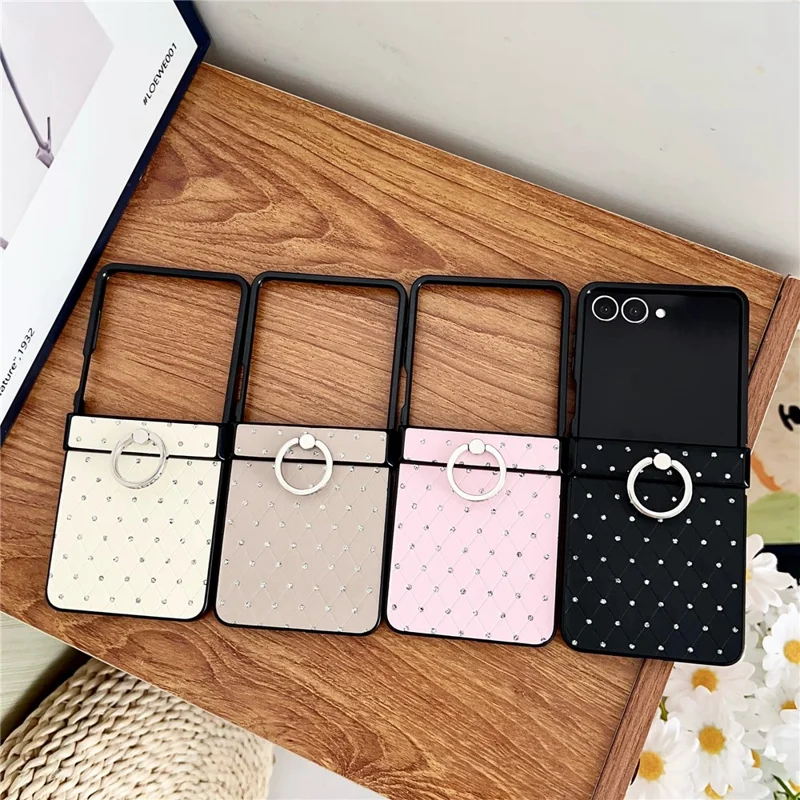 For Samsung Galaxy Z Flip7 5G Case Rhinestones Rhombus Pattern PU + TPU Phone Cover with Ring Holder - Black