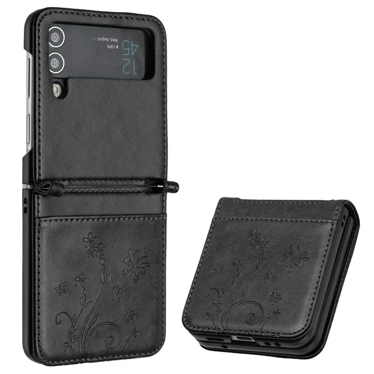 Für Samsung Galaxy Z Flip4 5G PU-Leder Prägedruck Blumen Schmetterlinge Handyhülle Stoßfest Schutzhülle - Schwarz