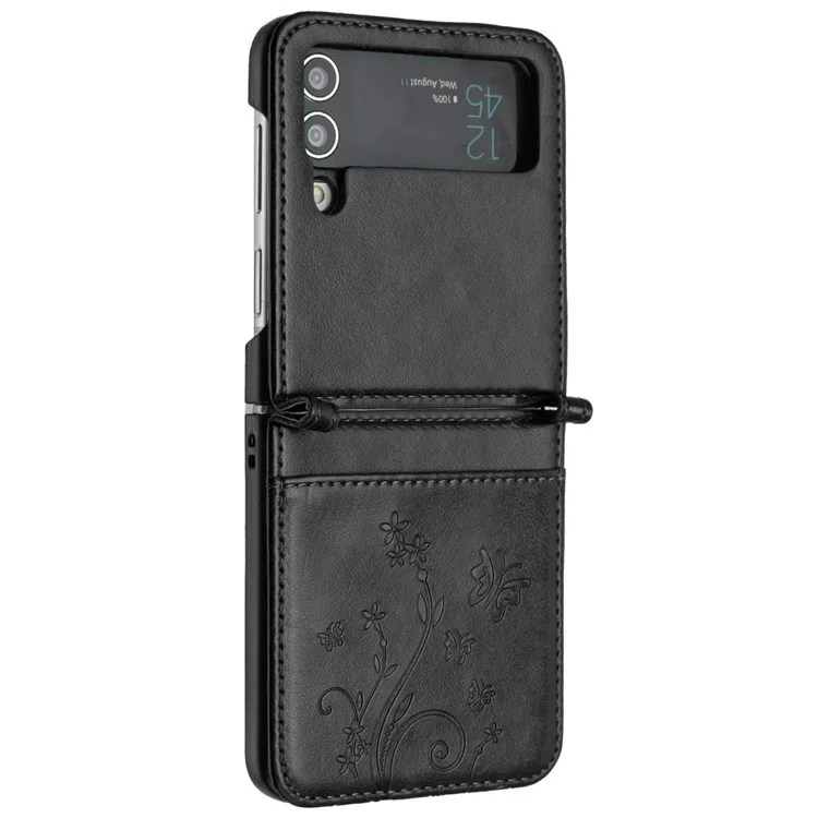 Für Samsung Galaxy Z Flip4 5G PU-Leder Prägedruck Blumen Schmetterlinge Handyhülle Stoßfest Schutzhülle - Schwarz