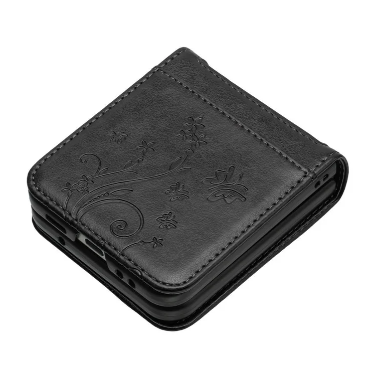 Für Samsung Galaxy Z Flip4 5G PU-Leder Prägedruck Blumen Schmetterlinge Handyhülle Stoßfest Schutzhülle - Schwarz