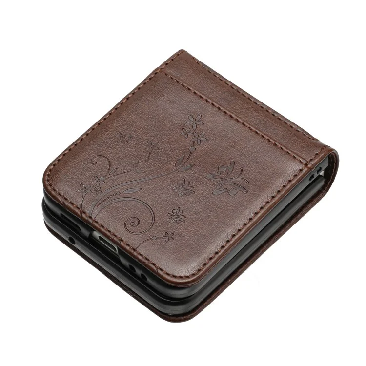 Per Samsung Galaxy Z Flip4 5G Custodia Protettiva in Pelle PU con Stampa di Fiori e Farfalle - Marrone