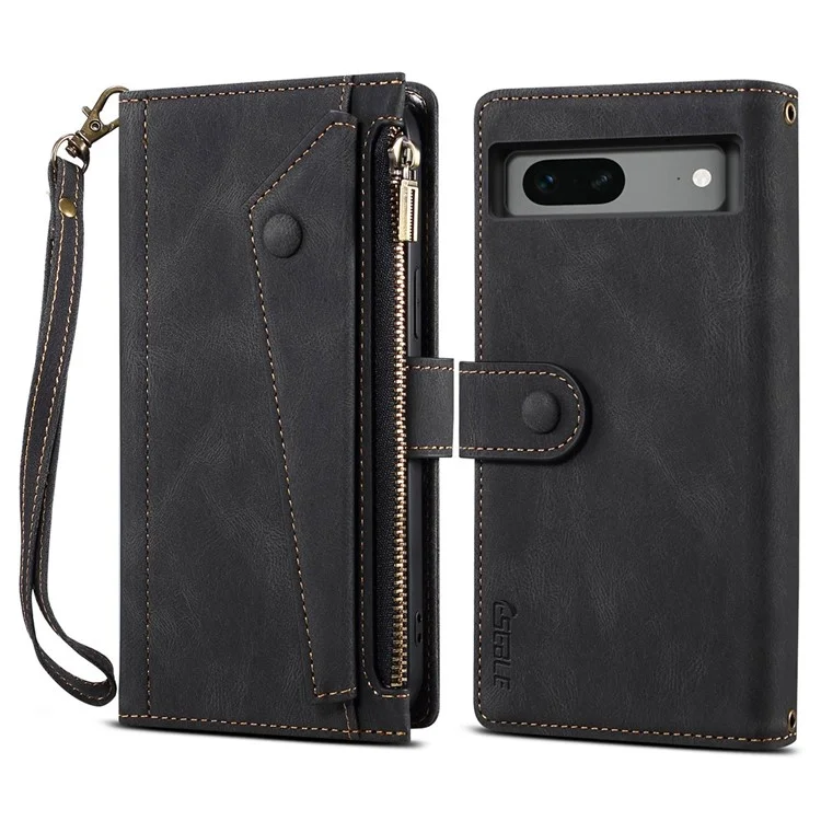 ESEBLE Star Series Wallet Phone Case für Google Pixel 7 5G, PU-Leder Multifunktions-Kartenfächer Reißverschlusstaschen Ständer Flip-Cover mit Handschlaufe - Schwarz