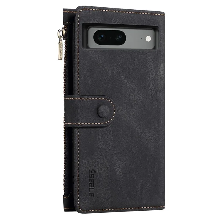 ESEBLE Star Series Wallet Phone Case für Google Pixel 7 5G, PU-Leder Multifunktions-Kartenfächer Reißverschlusstaschen Ständer Flip-Cover mit Handschlaufe - Schwarz