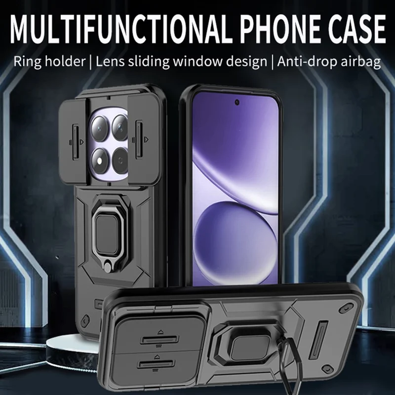 For Xiaomi Redmi Note 15 Pro 5G (Global) Case PC + TPU Kickstand Phone Protector with Lens Cover - Black