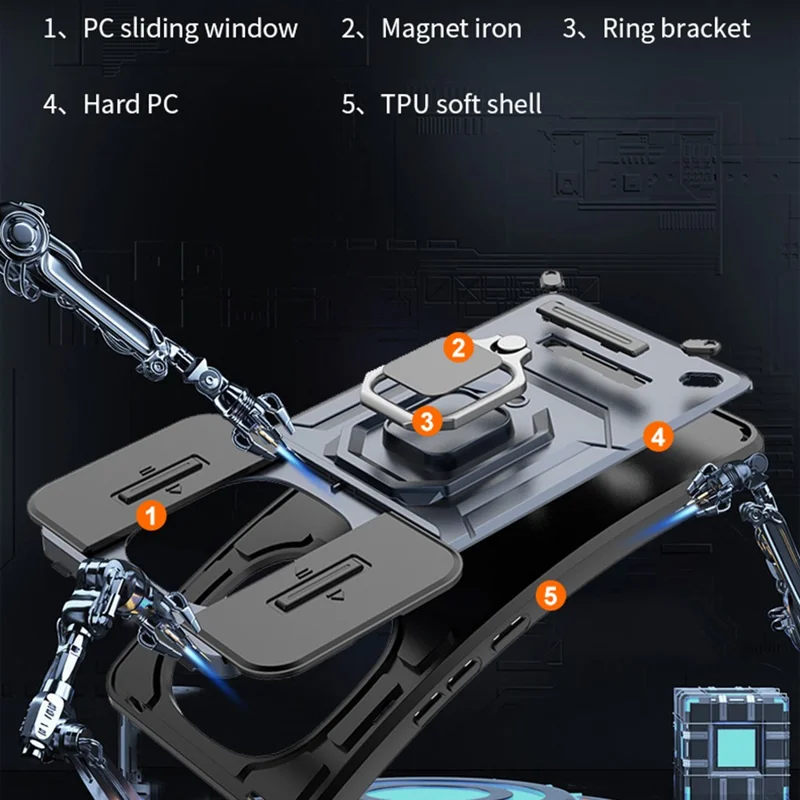 For Xiaomi Redmi Note 15 Pro 5G (Global) Case PC + TPU Kickstand Phone Protector with Lens Cover - Black