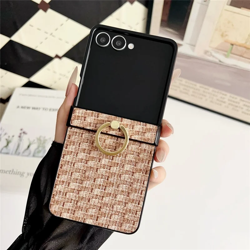 For Samsung Galaxy Z Flip7 5G Case Vintage Woven Pattern PU + TPU Phone Cover with Ring Holder - Khaki
