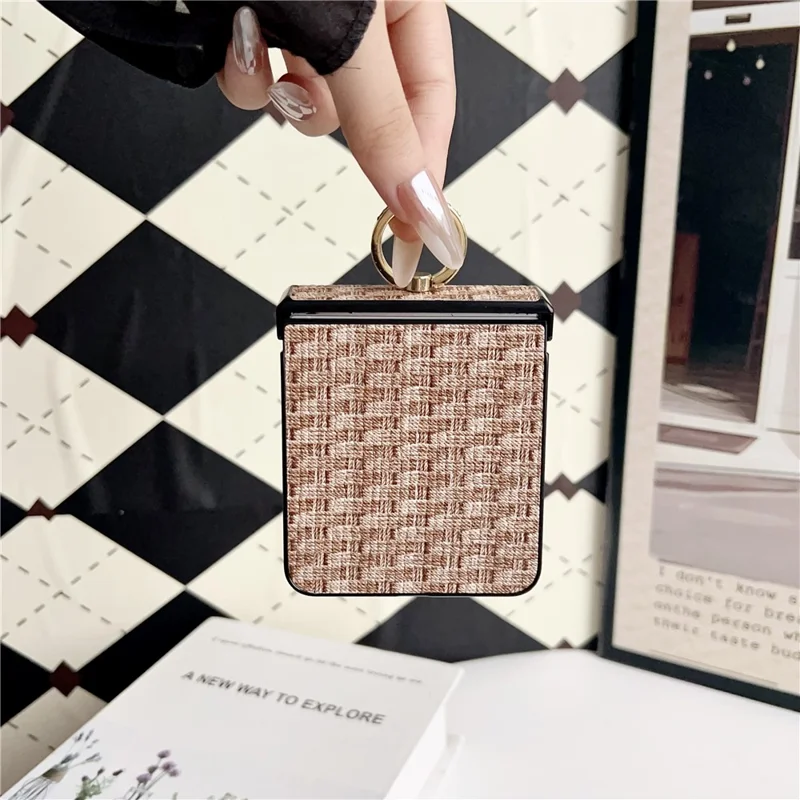 For Samsung Galaxy Z Flip7 5G Case Vintage Woven Pattern PU + TPU Phone Cover with Ring Holder - Khaki
