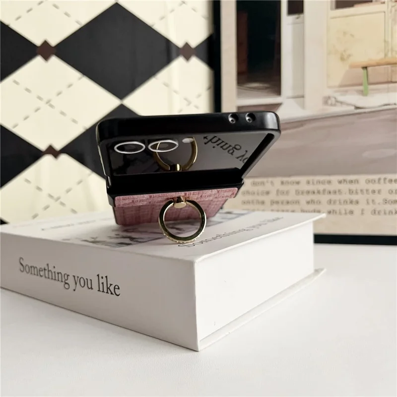 For Samsung Galaxy Z Flip7 5G Case Vintage Woven Pattern PU + TPU Phone Cover with Ring Holder - Khaki