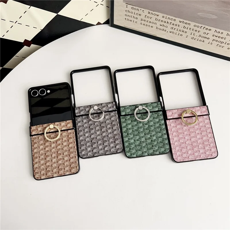 For Samsung Galaxy Z Flip7 5G Case Vintage Woven Pattern PU + TPU Phone Cover with Ring Holder - Khaki