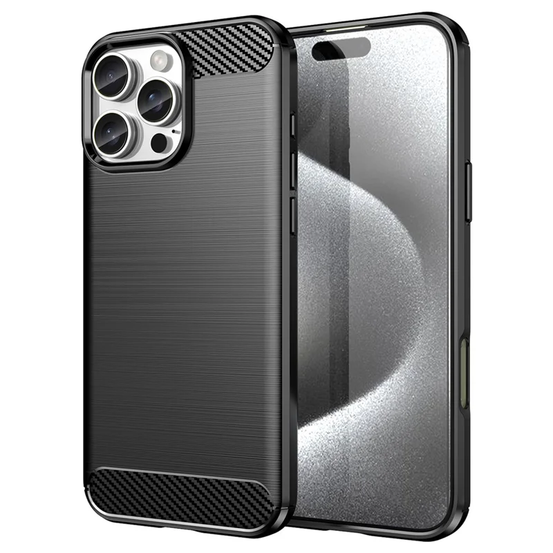 AMORUS voor iPhone 16 Pro hoesje met koolstofvezelstructuur Geborsteld beschermend telefoonhoesje - Zwart