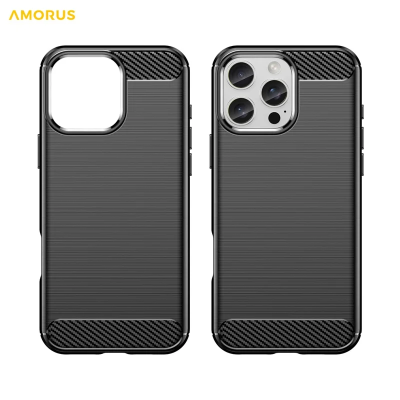 AMORUS voor iPhone 16 Pro hoesje met koolstofvezelstructuur Geborsteld beschermend telefoonhoesje - Zwart