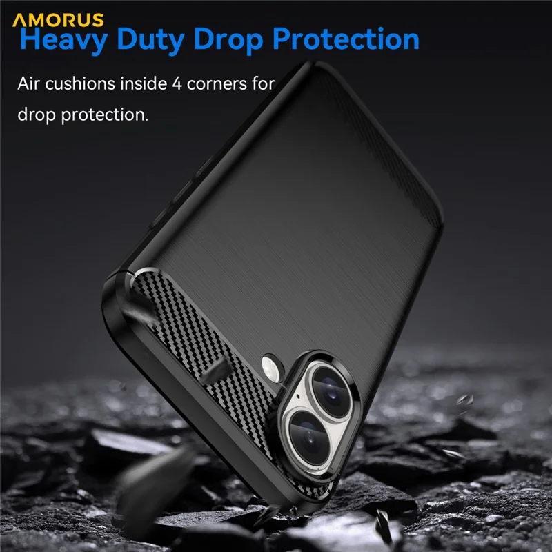 AMORUS For iPhone 16 Case Carbon Fiber Texture Brushed Protective Phone Cover - Black