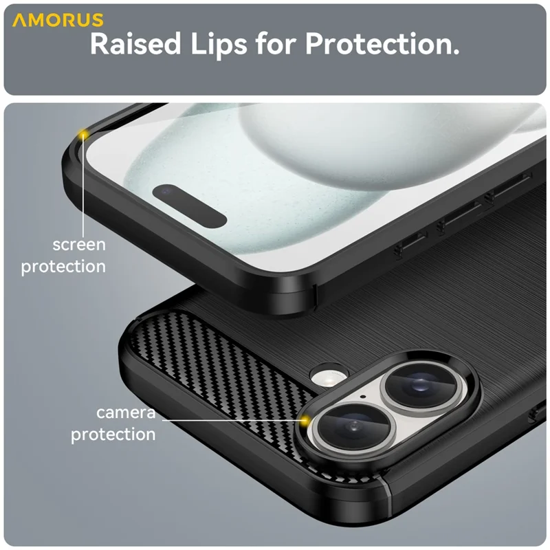 AMORUS For iPhone 16 Case Carbon Fiber Texture Brushed Protective Phone Cover - Black